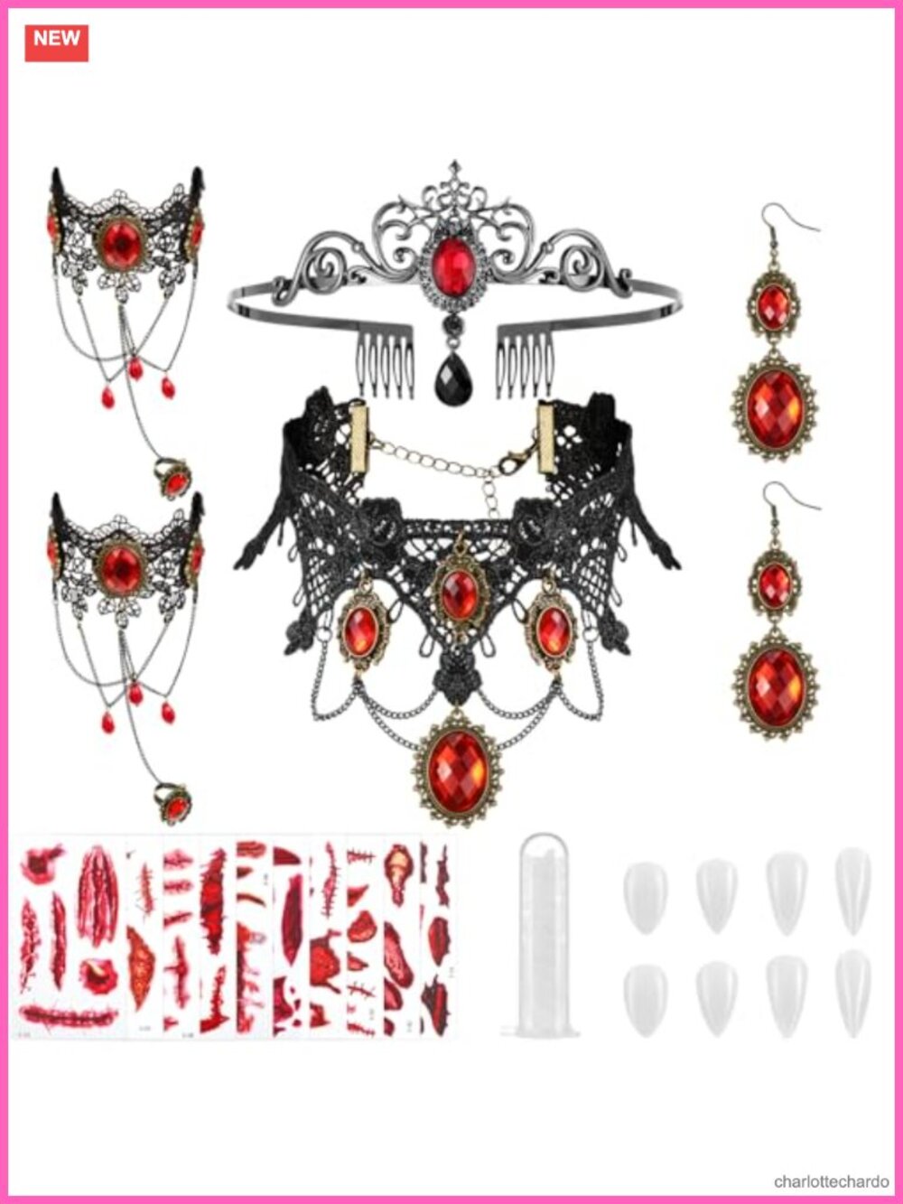 Gothic Vampire Costume Accessory Set Crown Necklace Earrings Bracelets Resin